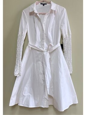 White Button-Front Shirt Dress with Lace Sleeves